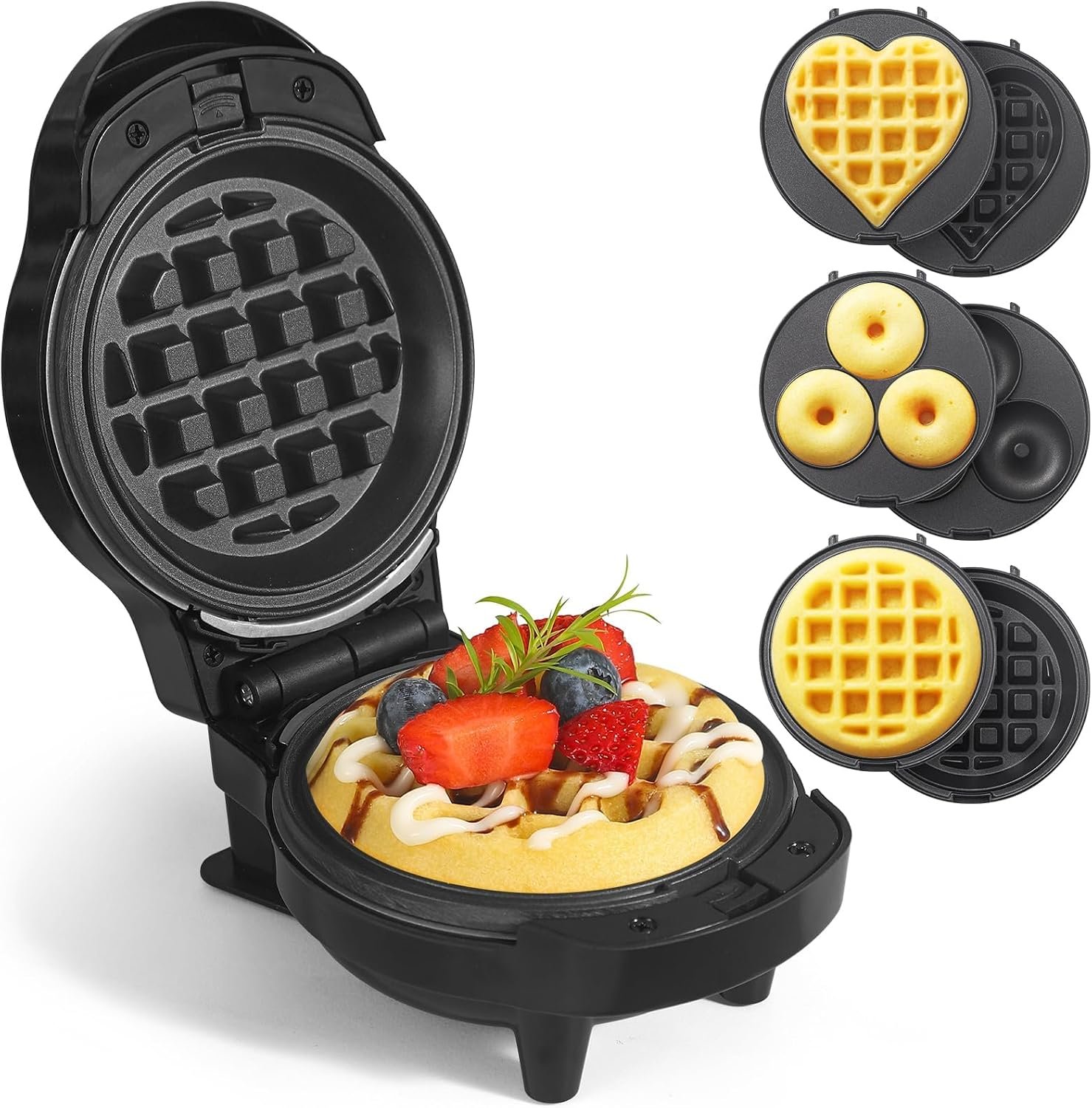 3 in 1 Waffles Maker with 6 Removable Plates- Waffle, Heart Waffle, Donut
