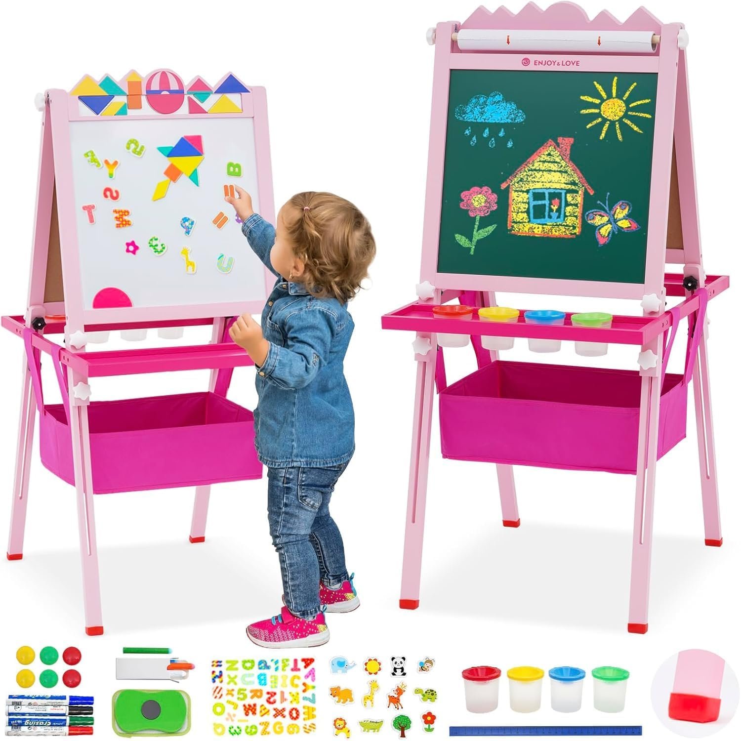 Kids Art Easel,Double-Sided Wooden Easel for Kids with Paper Roll,Height Adjustable Standing Easel with Puzzle Tangram Toys,Storage Box and Other Accessories,Easel for Toddlers 3-10 Years