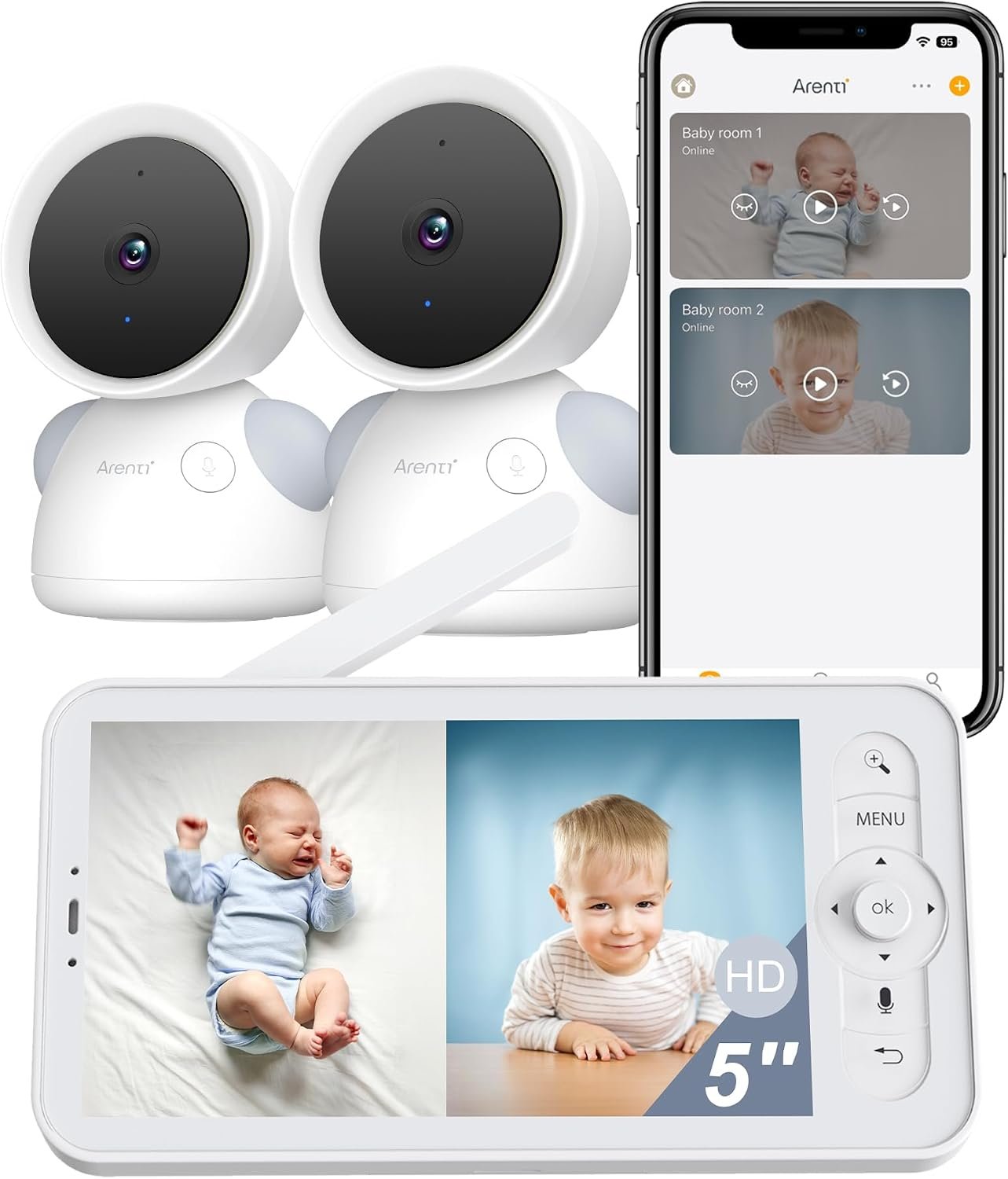 ARENTI Baby Monitor 2 Cameras D3 Set, 3MP WiFi 6, 5″ Display,Free Phone App