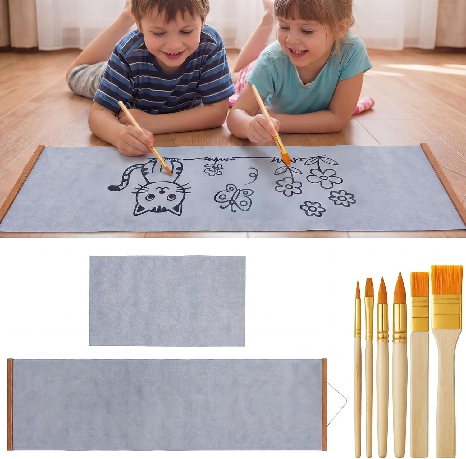 2-Piece Reusable Water Drawing Poster Set with Teak Wood Frame, Mess-Free Water Doodle Mat, Large Water Painting Cloths, Creative Art Activity Kit for Home Use