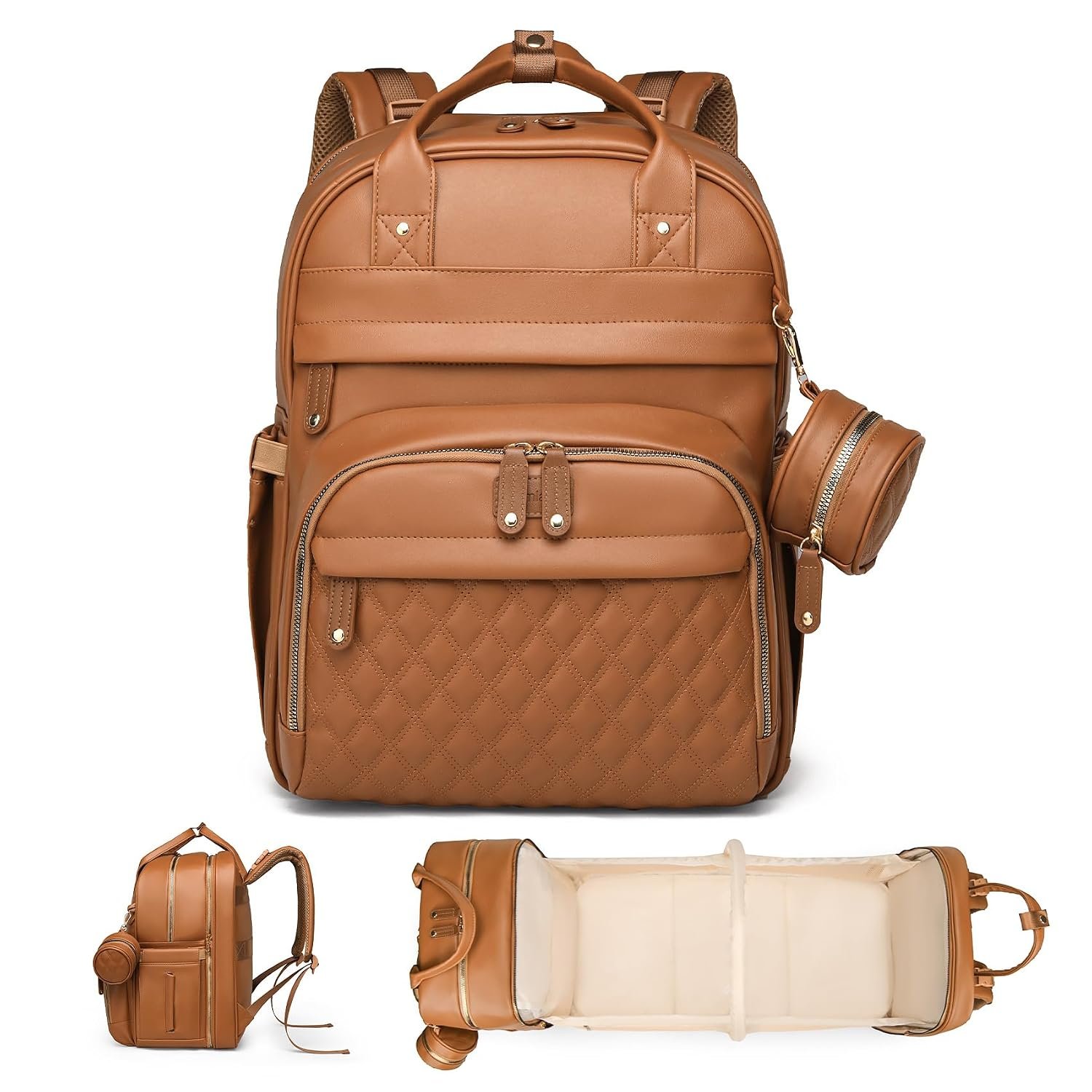 ANWTOTU Leather Baby Diaper Bags Backpack with Changing Station(Brown)