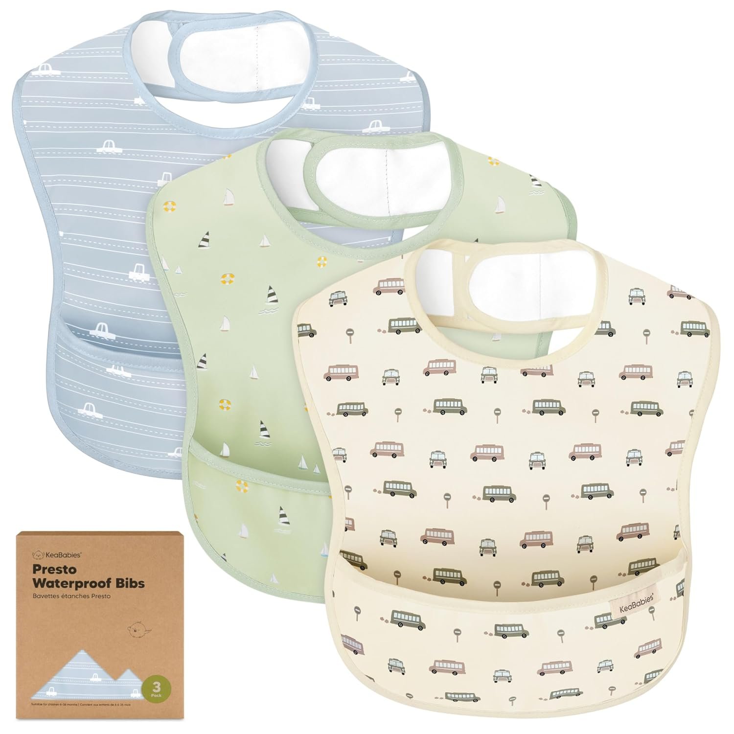 KeaBabies 3-Pack Waterproof Baby Bibs for Eating, Lightweight, Vessels