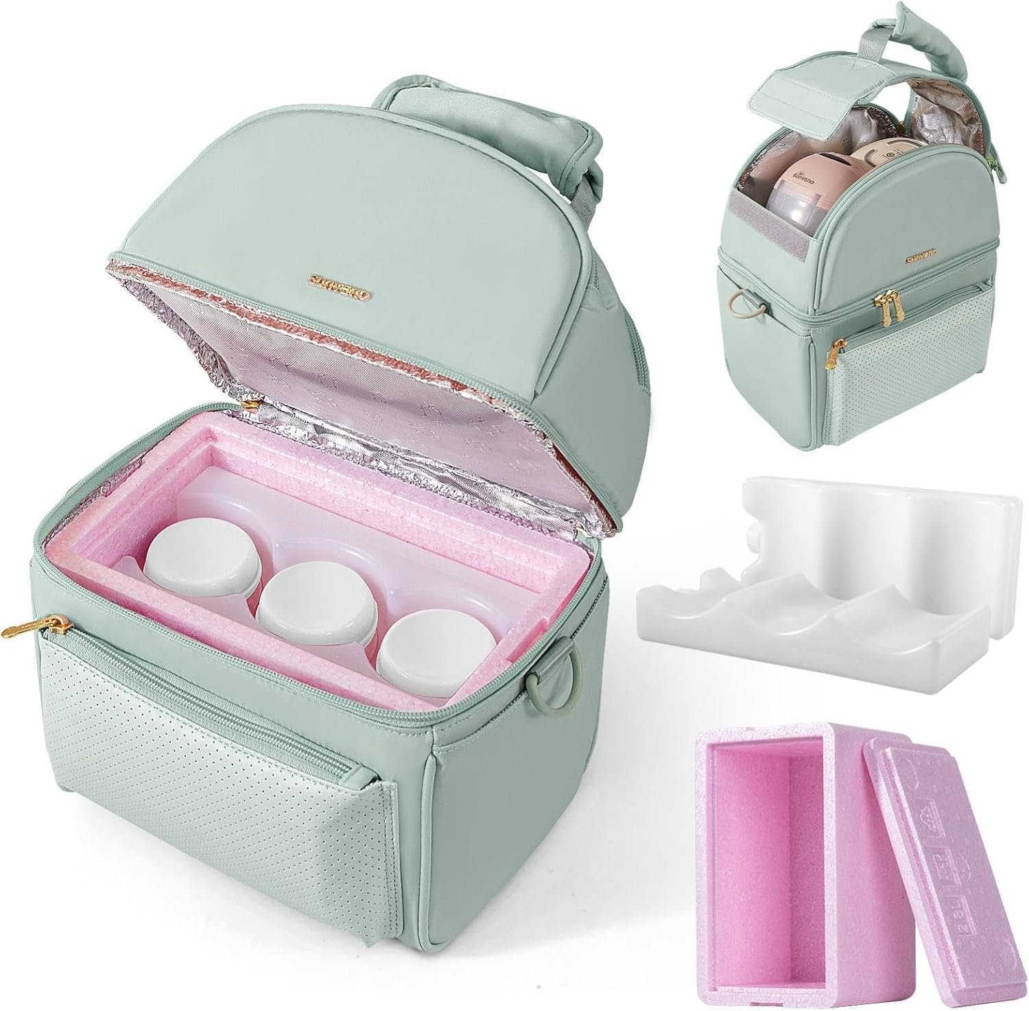 SUNVENO Breastmilk Cooler Bag with Detachable Insulation Box, Double-Layer Pumping Travel Bag for Work & Daycare, Fits Bottles, Ice Packs and Pump Parts,Green