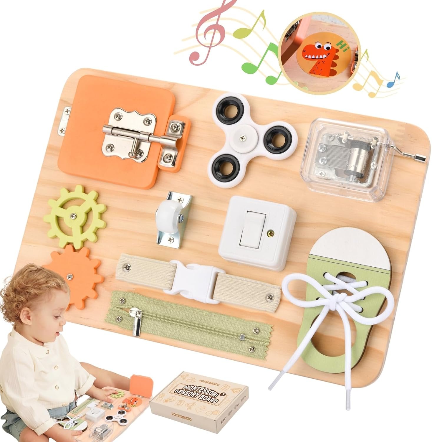 Potatomato Busy Board for Toddlers, Montessori Wooden Activity Toy for Kids