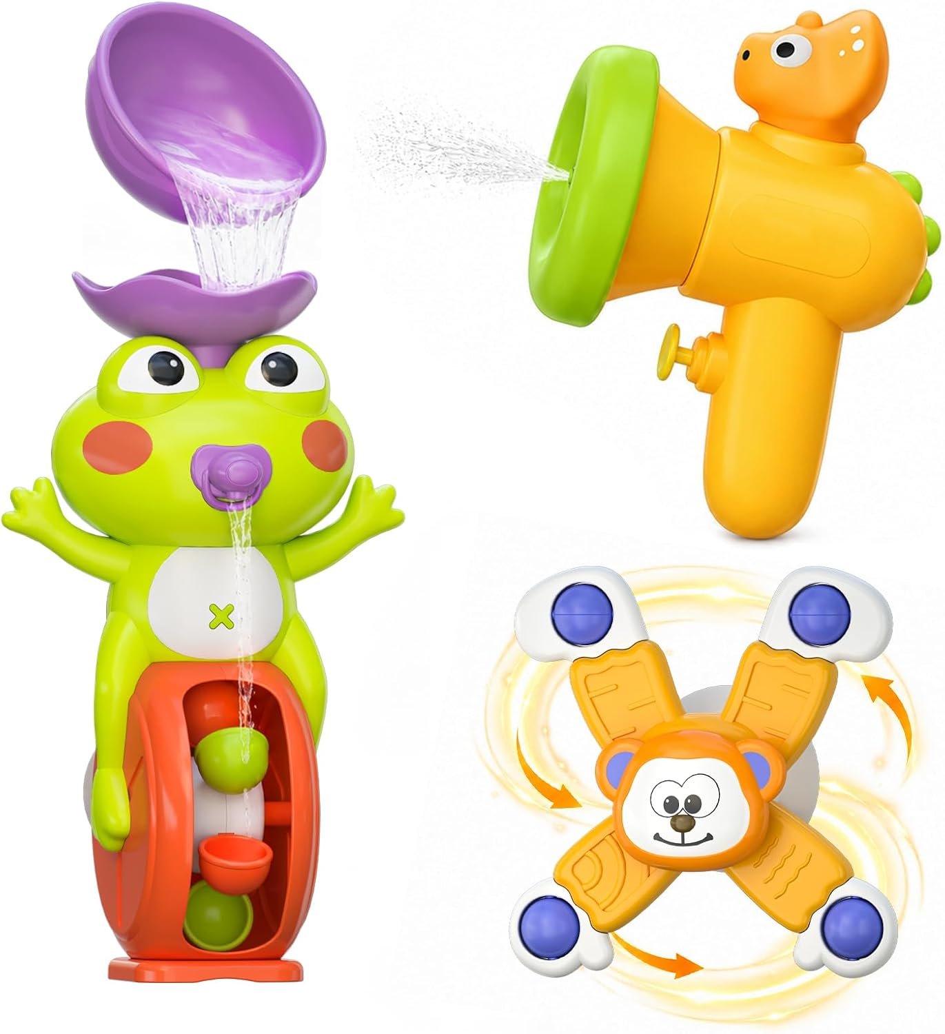 WEOLULI 3 Pack Bath Toys Set for Toddlers, Water Gun Bath Spinner Frog Toy