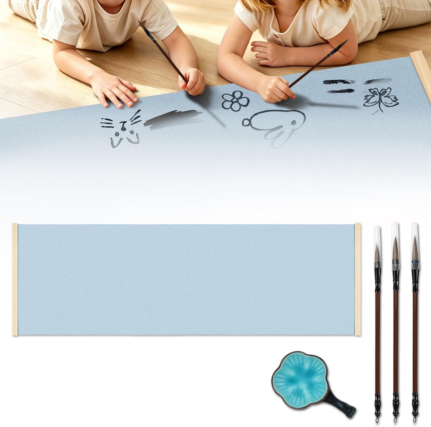 Kids Magic Water Drawing Poster, Reusable Mess-Free Water Doodle Mat with Teak Wood Frame & Interchangeable Canvas, Auto Erase After Drying, Educational Art Toy Gift for Boys & Girls