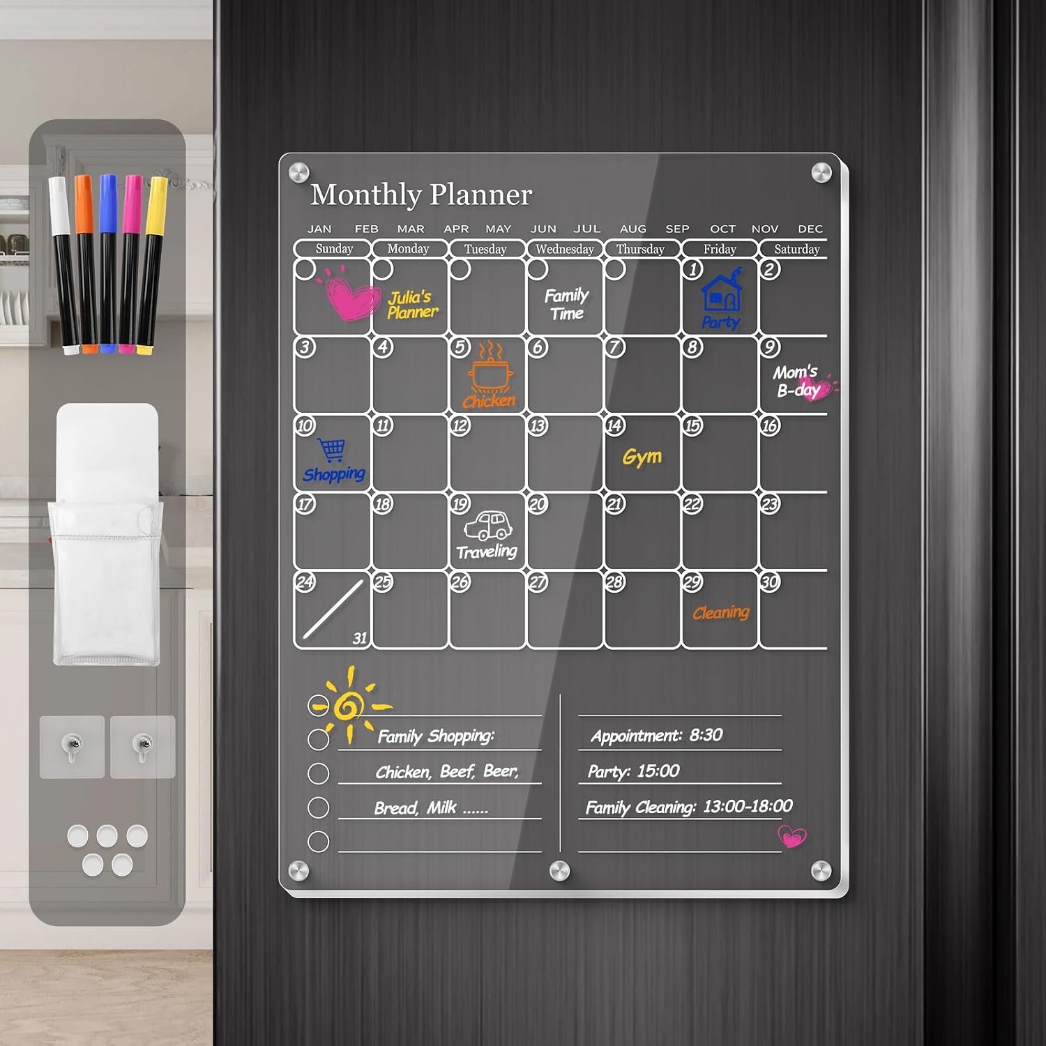 IDEATECH Acrylic Magnetic Fridge Calendar Magnet Strong, Clear Dry Erase Board Calendar for Refrigerator, Vertical 2in1 Monthly Planner & to Do List for Fridge, Whiteboard Organizer House Decor,White