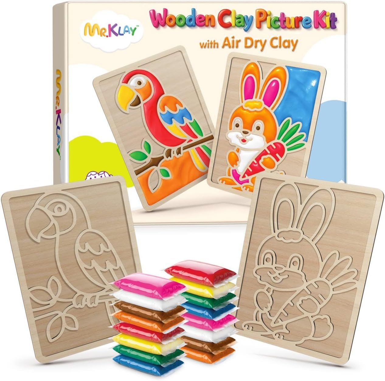 Air Dry Clay for Kids – Modeling Clay for Kids DIY Arts and Crafts Kit with 16 Soft Colored Magic Clay Bags & 2 Engraved Wooden Boards – Wooden Clay Picture Kit for Boys and Girls Ages 4-8