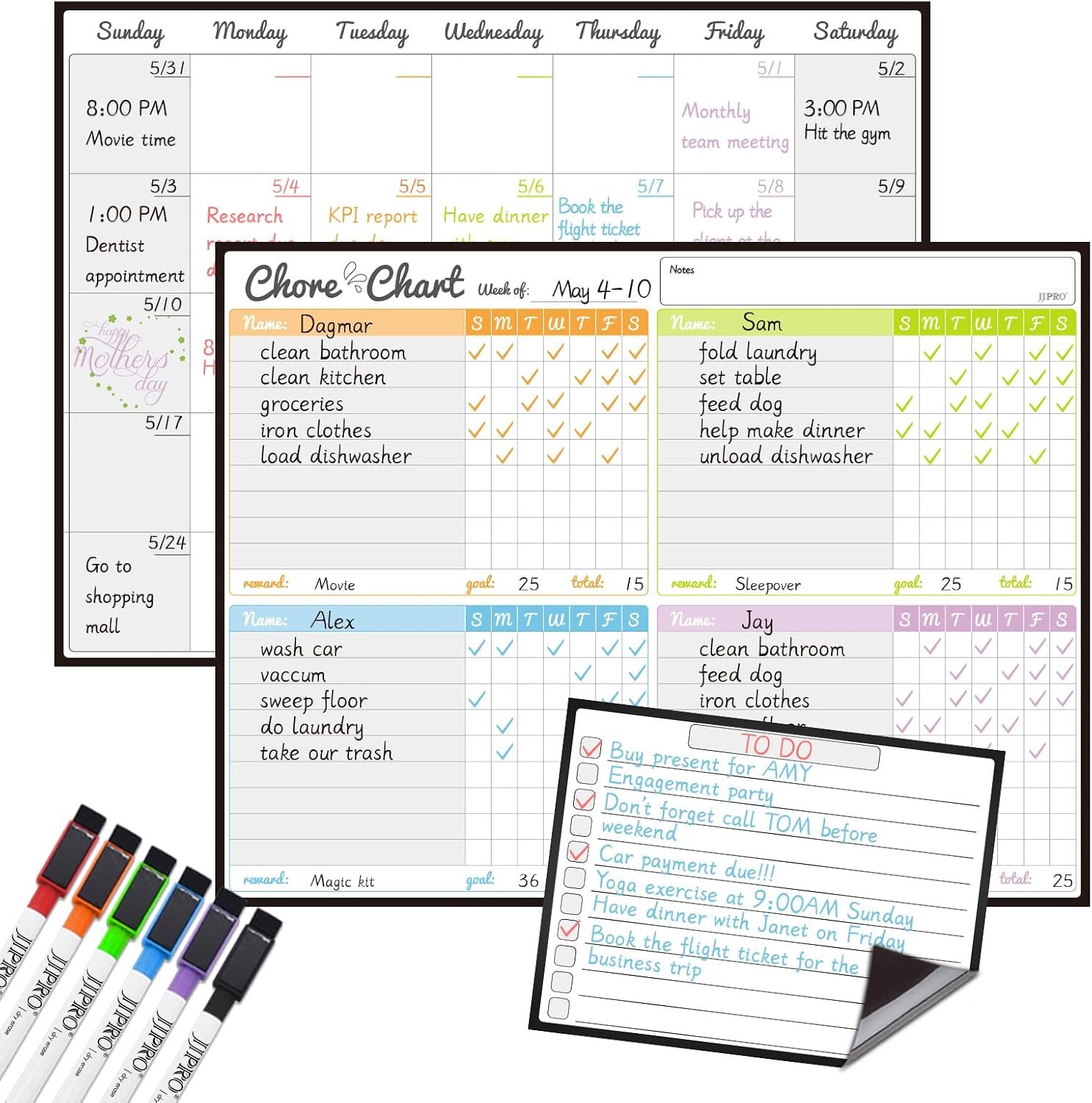 Magnetic Dry Erase Chore Chart and Calendar Bundle for Fridge – Chore Chart for Multiple Kids,Monthly Calendar,One Bonus to-do Whiteboard and 6 Extra Fine Tips Markers Included!