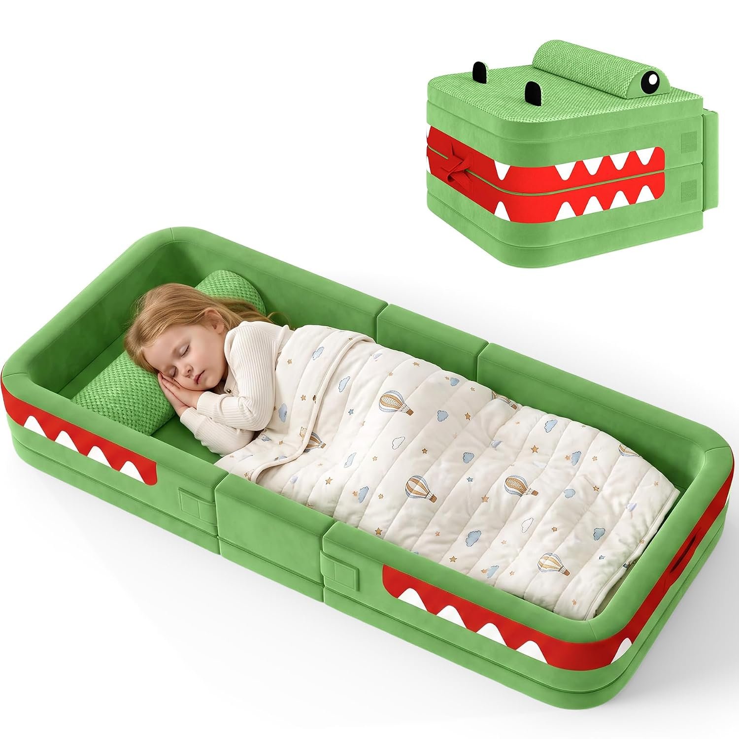 GITAWUSA Toddler Travel Bed, Foldable Foam Floor Bed/Safety Rails, Dinosaur