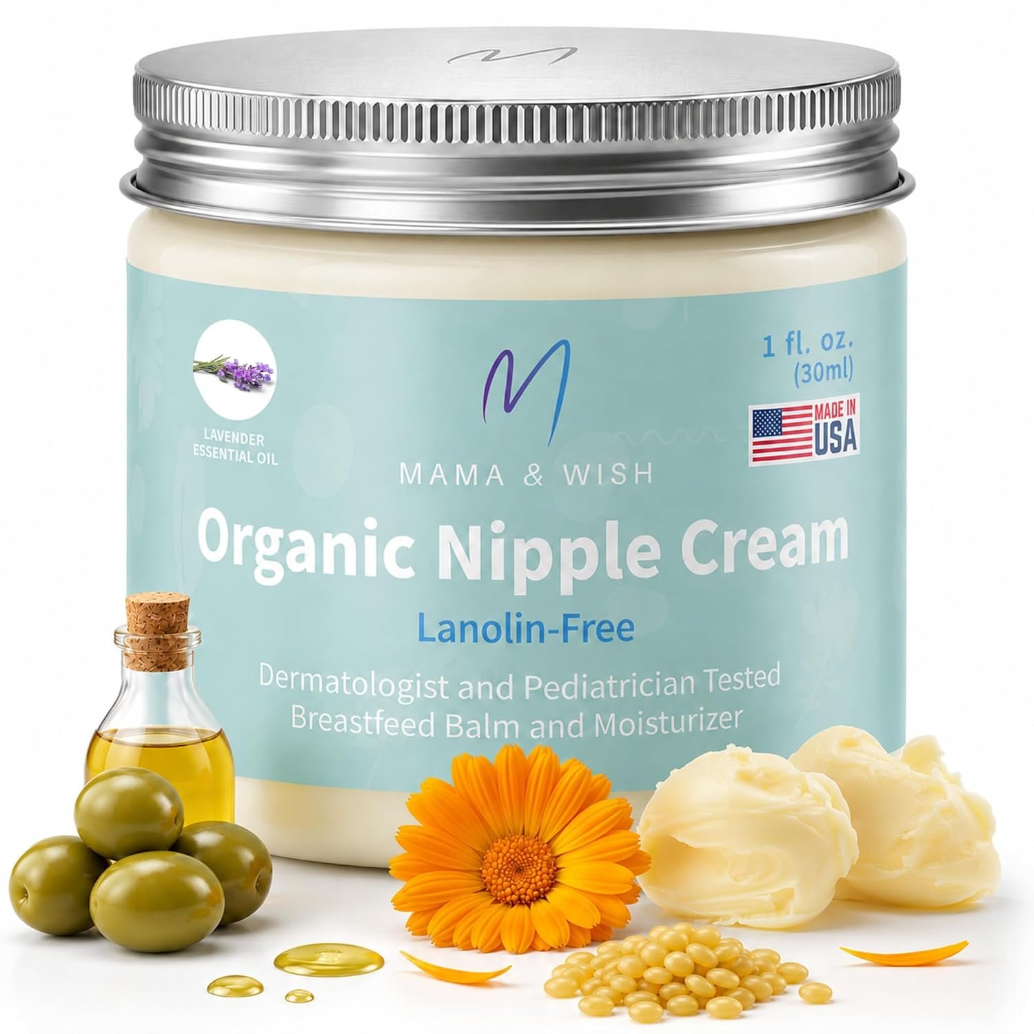 Mama & Wish 1oz Organic Nipple Cream Safe for Breastfeeding | 1 Pk Scented