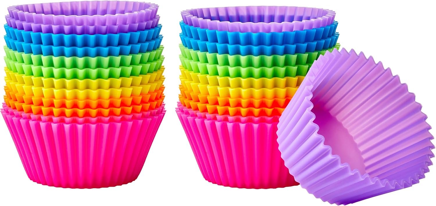 Amazon Basics Reusable Non-Stick Silicone Baking Cups, BPA Free, Dishwasher Safe, Easy to Remove, Food Grade, Oven Safe, 2.9 x 2.9 x 1.3 in (LxWxH), Multicolor, 24-Pack