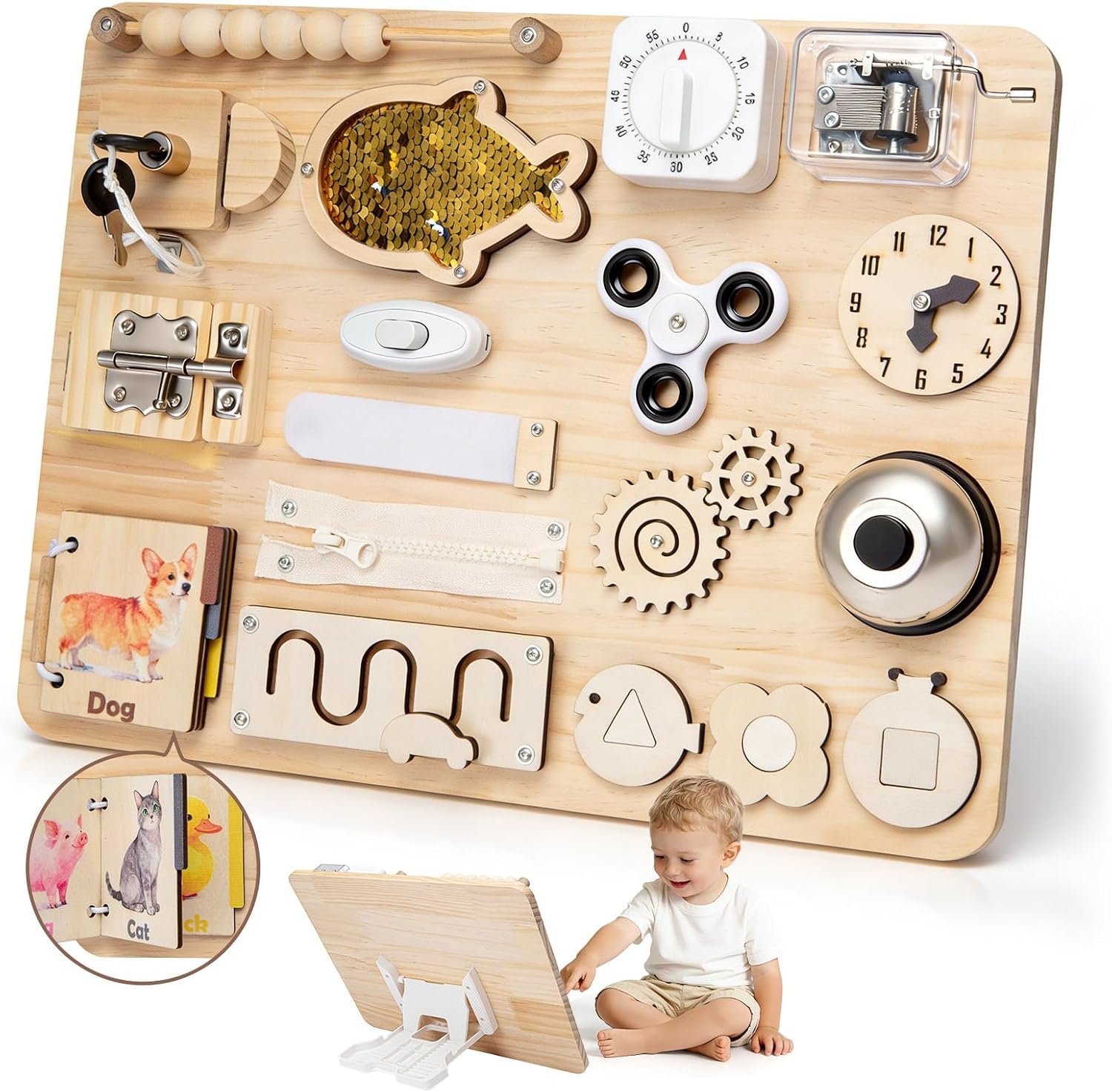 Montessori Large Busy Board for Toddlers, Wooden Sensory Activity Toys