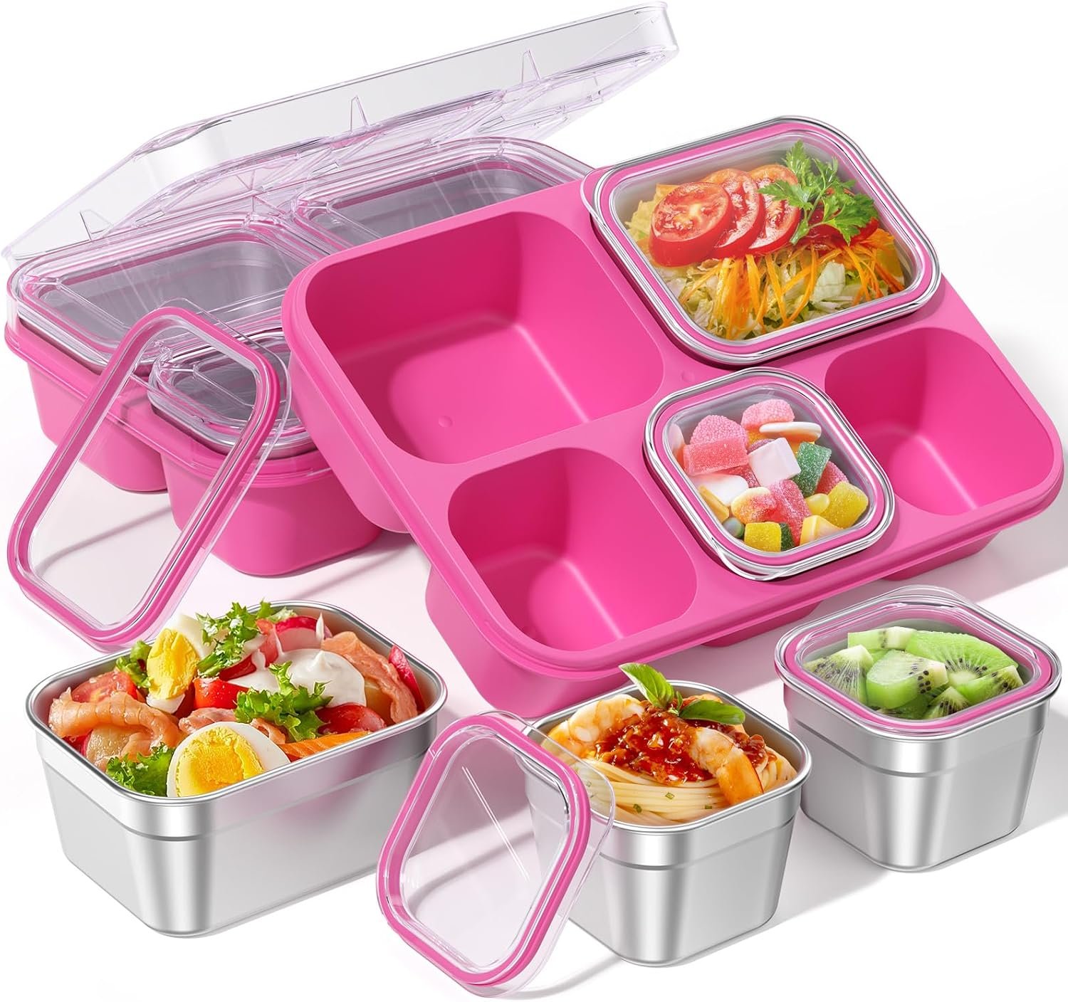 BiuLeon Snackle Box Containers, Stainless Steel 5 Compartments Divided Serving Tray with Lid, Removable LeakProof Portable Bento Box for Fruit Candy Nuts Food – School, Picnic and Travel（Pink）