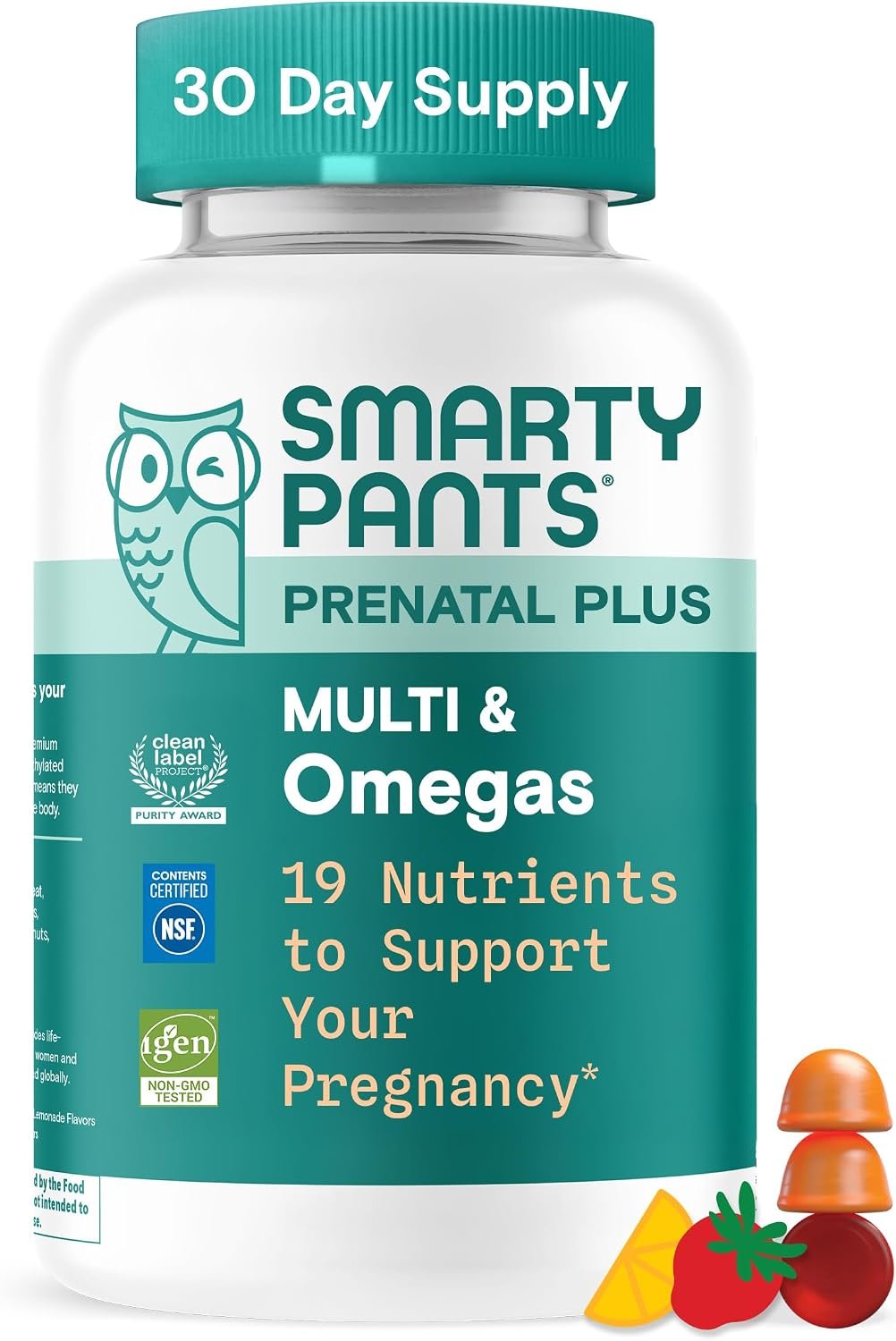 SmartyPants Prenatal Multivitamin Gummies with Omega 3 DHA/EPA, Methylfolate, Biotin, Vitamins D3, C, B12, B6, A, K, and Zinc, Gluten Free, Clean Label, Two Fruit Flavors, 90 Gummies (30 Day Supply)