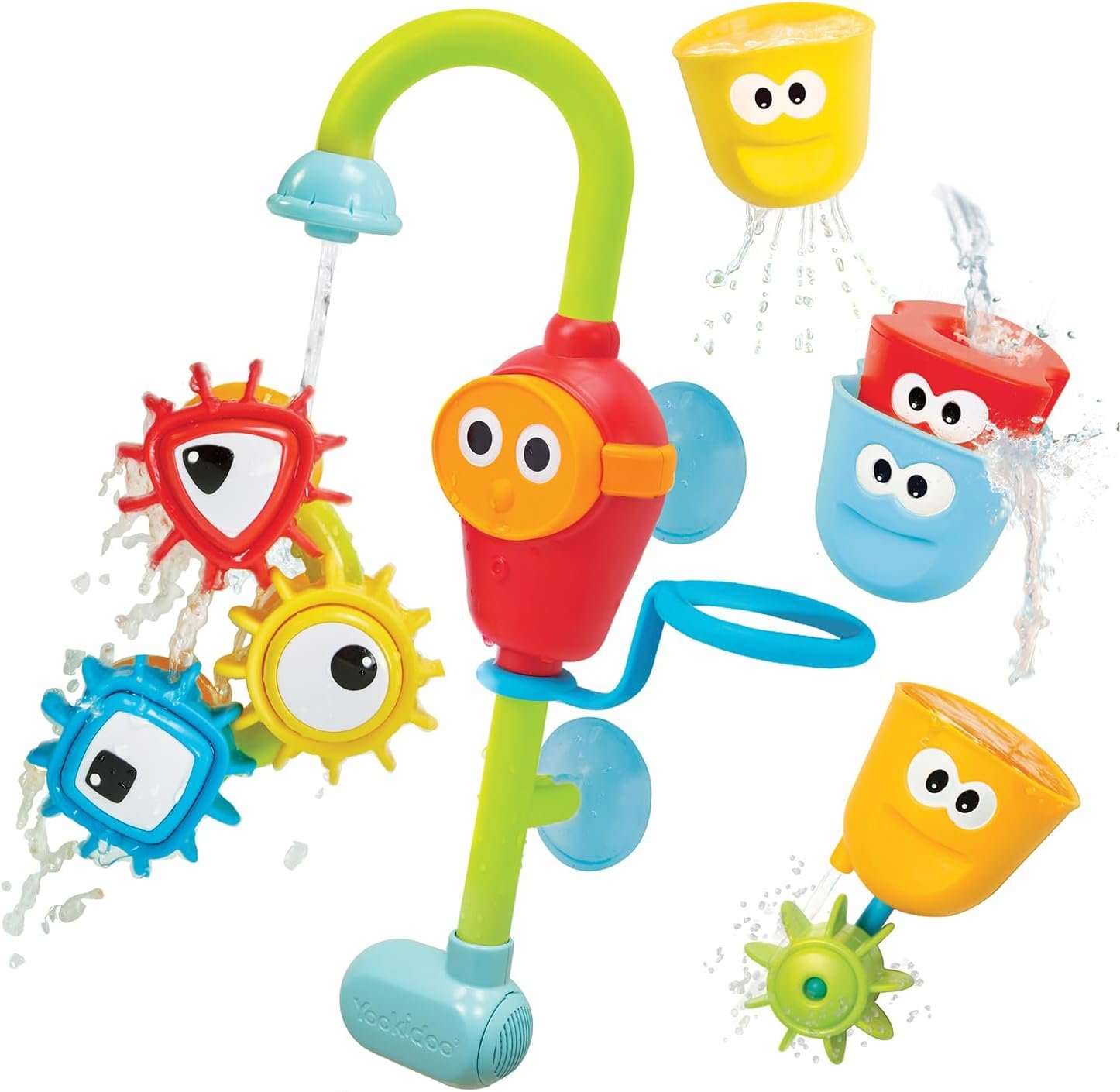 Yookidoo Bay Bath Toddler Toys (Ages 1-3) – 3 Stackable Cups, Spinning Gears, Hose & Spout for Water Play – Mold Free – Suction Cups Attach to Any Bath Tub or Shower – Spin N Sort Spout Pro