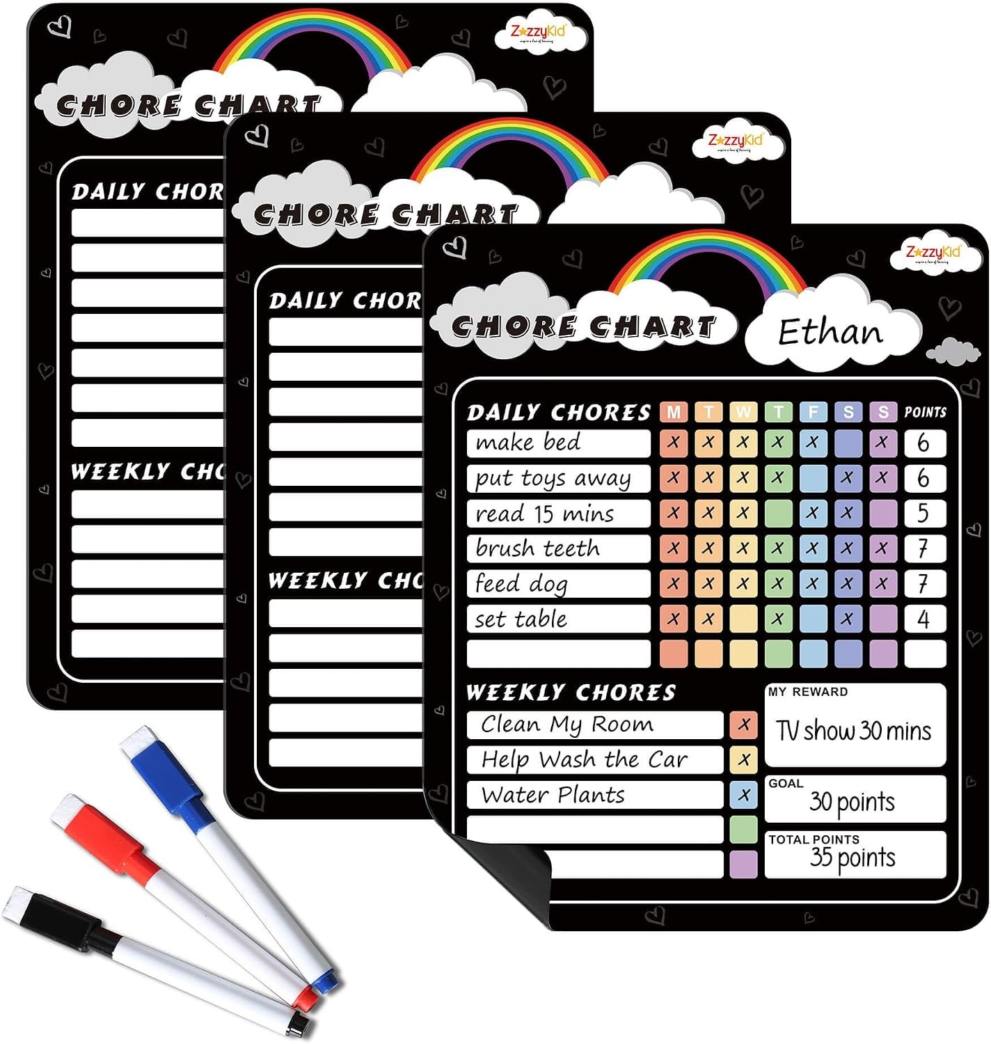 ZazzyKid Magnetic Dry Erase Chore Chart: 8” x 10”, 3 Pack for Multiple Kids, Daily Weekly Behavior & Responsibility Board for Fridge, Reward Chart for Family and Classroom
