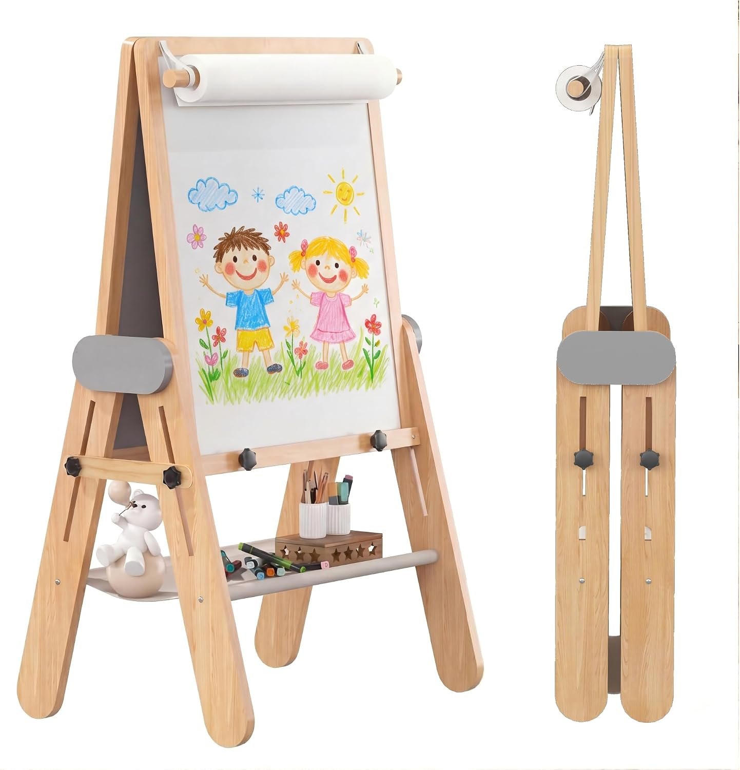 BanaSuper 3-In-1 Folding Kids Art Easel – Double-Sided Foldable Wooden Art Easel with Chalkboard & Whiteboard, Height Adjustable, Portable Art Station with Paper Roll Holder, Ideal Gift for Girl & Boy