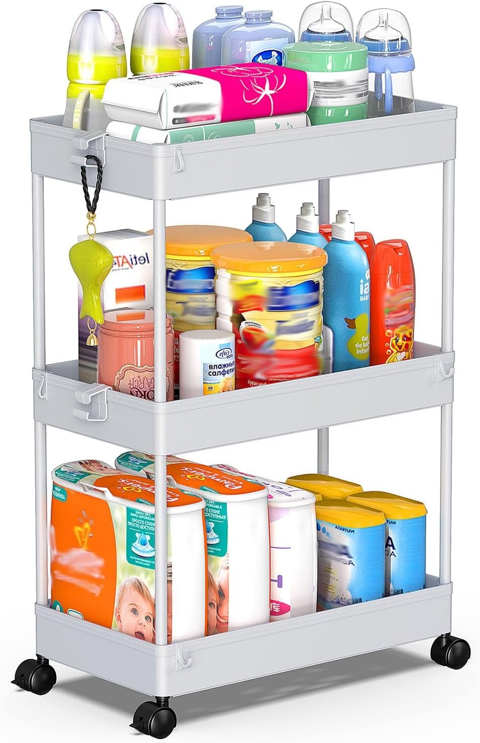 SPACEKEEPER 3 Tier Rolling Cart, Bathroom Cart Organizer with Wheels, Gray