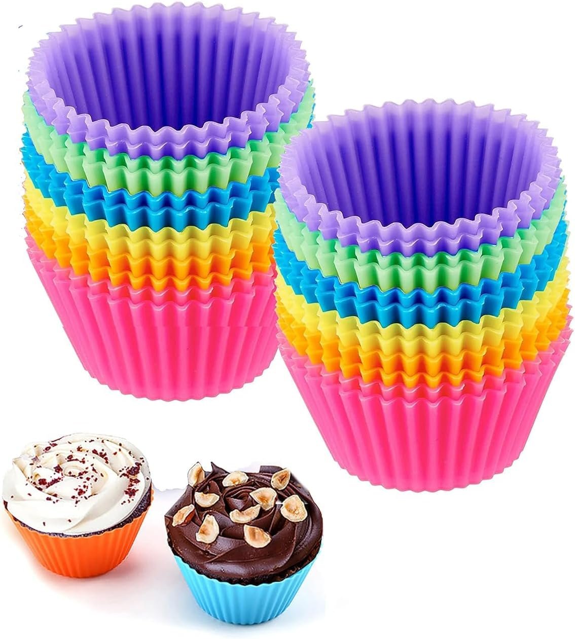 Reusable Silicone Cupcake Baking Cups 24 Pack, 2.75 inch Cups, & Non-stick Muffin Liners for Party Halloween Christmas,6 Rainbow Colors (Pack of 24,Multicolor)