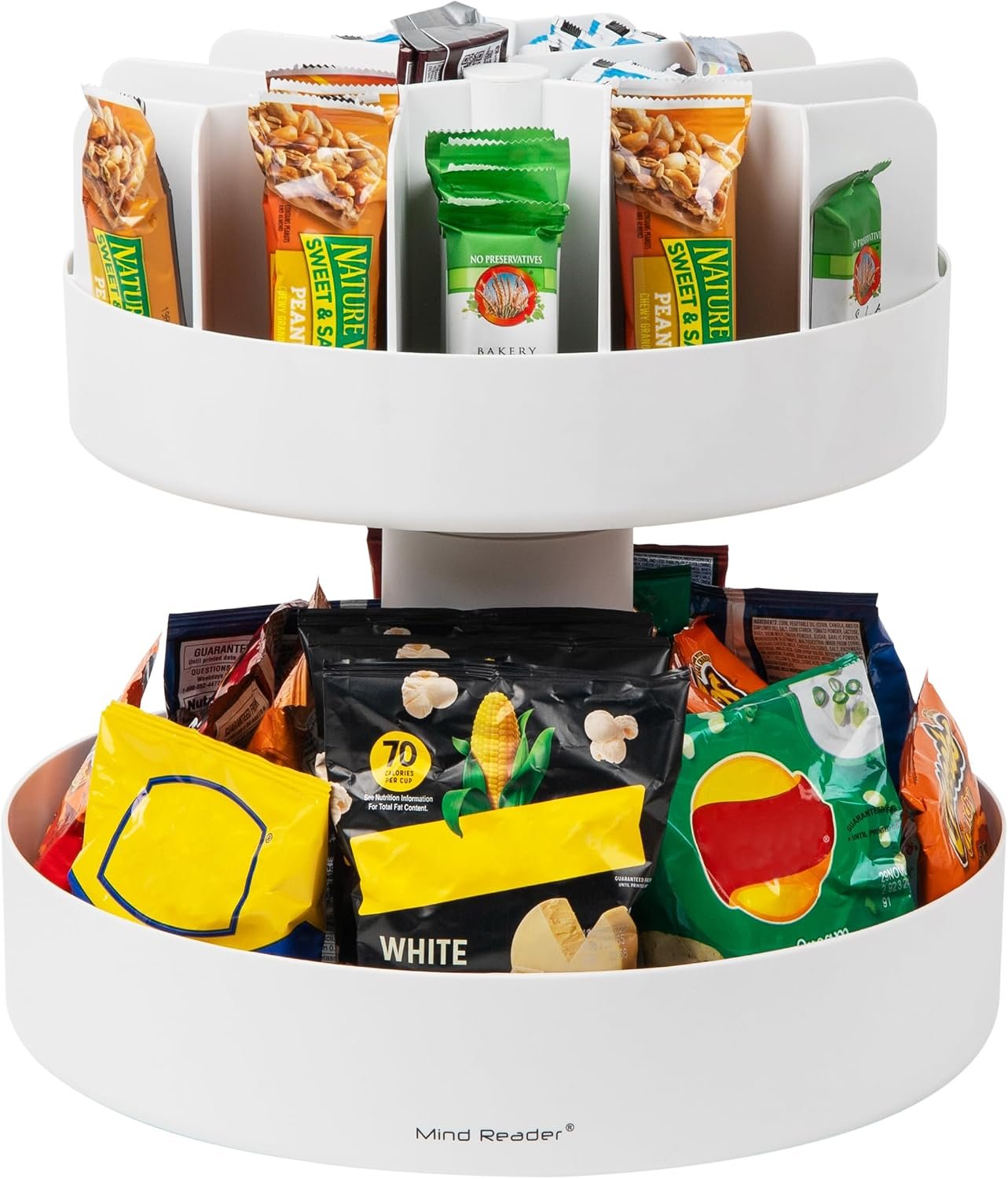 Mind Reader 2-Tier Snack Carousel, Countertop Organizer, Snack Tray, Breakroom, Kitchen, 14.25″L x 14.25″W x 14″H, White