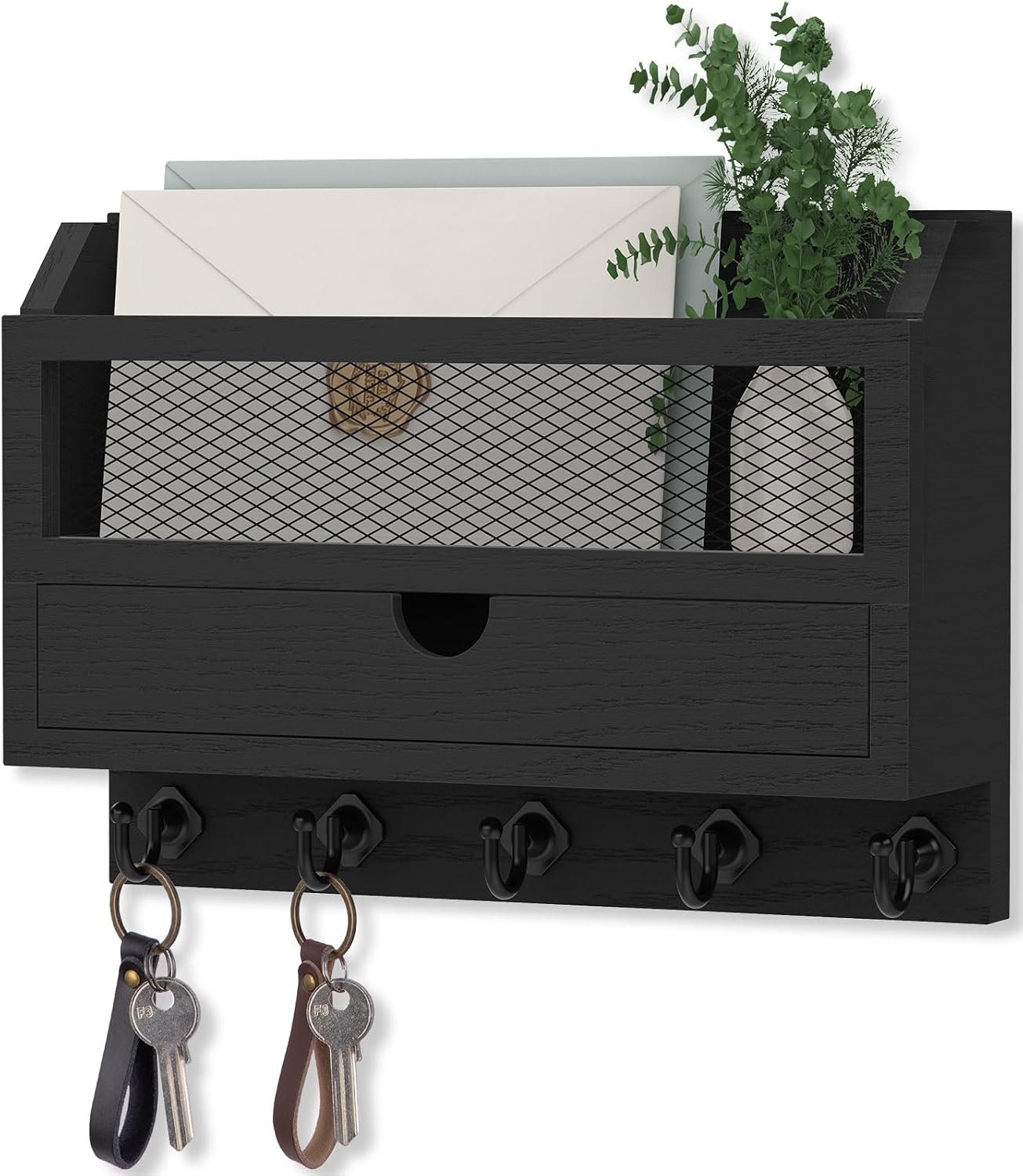 Nekon Key and Mail Holder for Wall, Key Organizer with Drawer, Black
