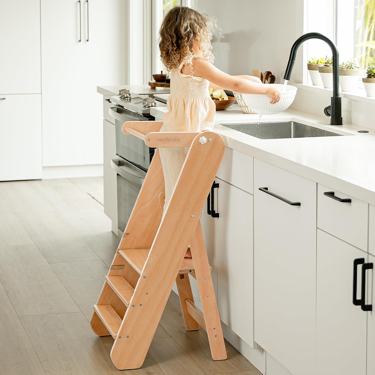 Comfy Cubs Kids Step Stool 2.0, 3+ Adjustable Toddler Tower – Natural Wood
