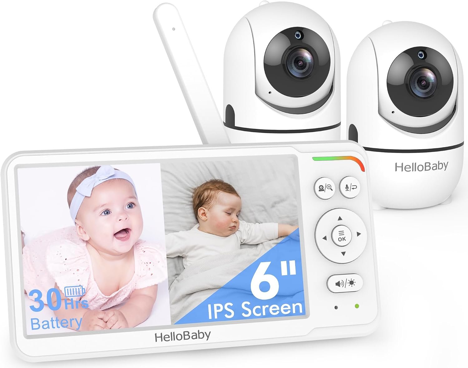 HelloBaby No WiFi Baby Monitor 2 Cameras, 6″ Split Screen 30H Battery