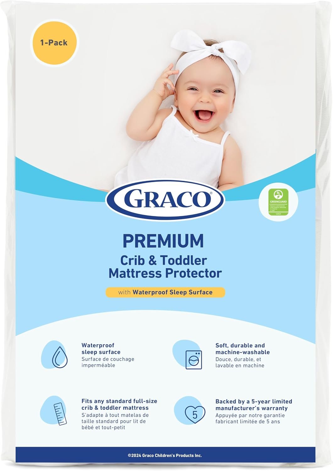 Graco Premium Waterproof Crib and Toddler Mattress Protector, 1 Pack