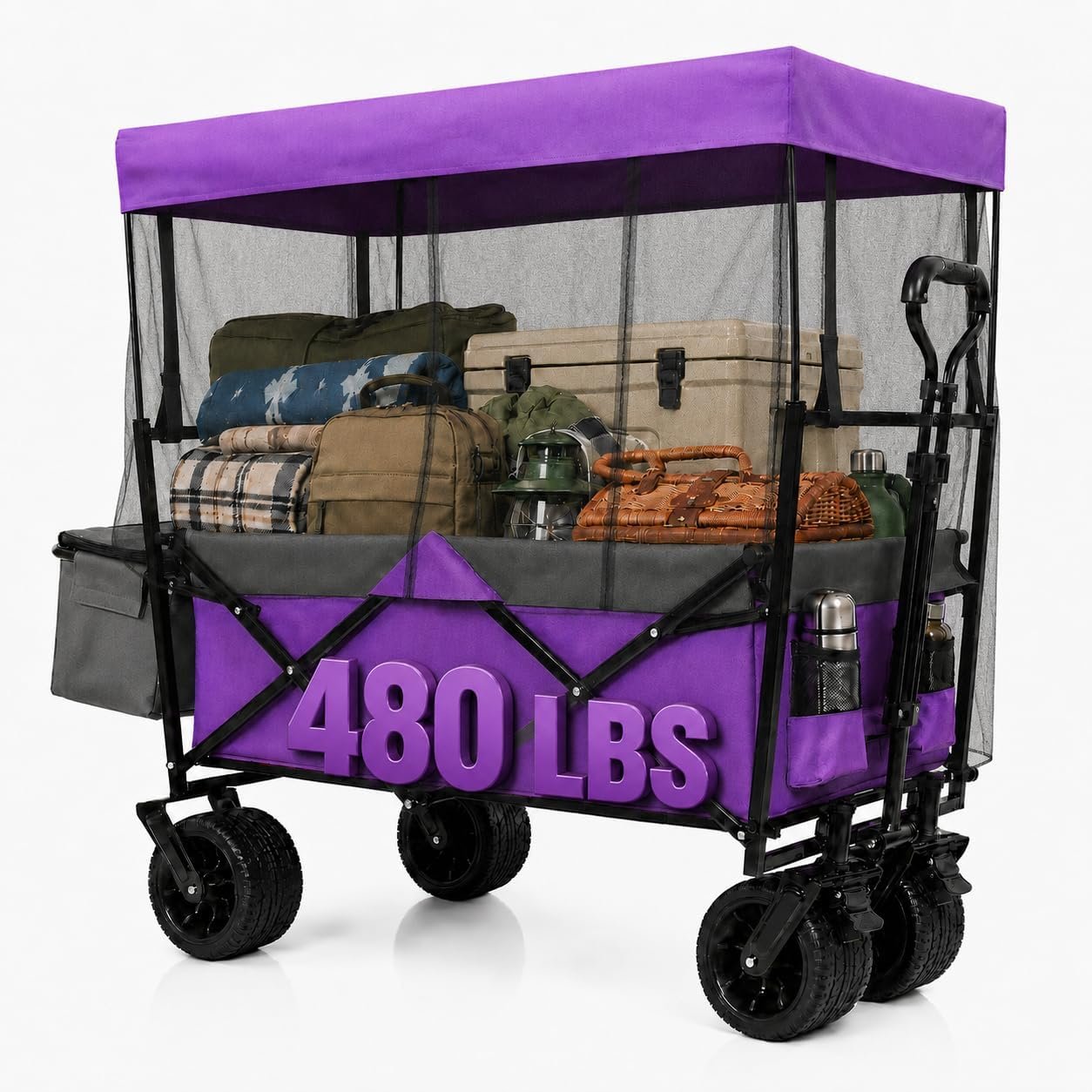480LBS Folding Wagon with Canopy Mosquito Net 7″ Wheels,Purple