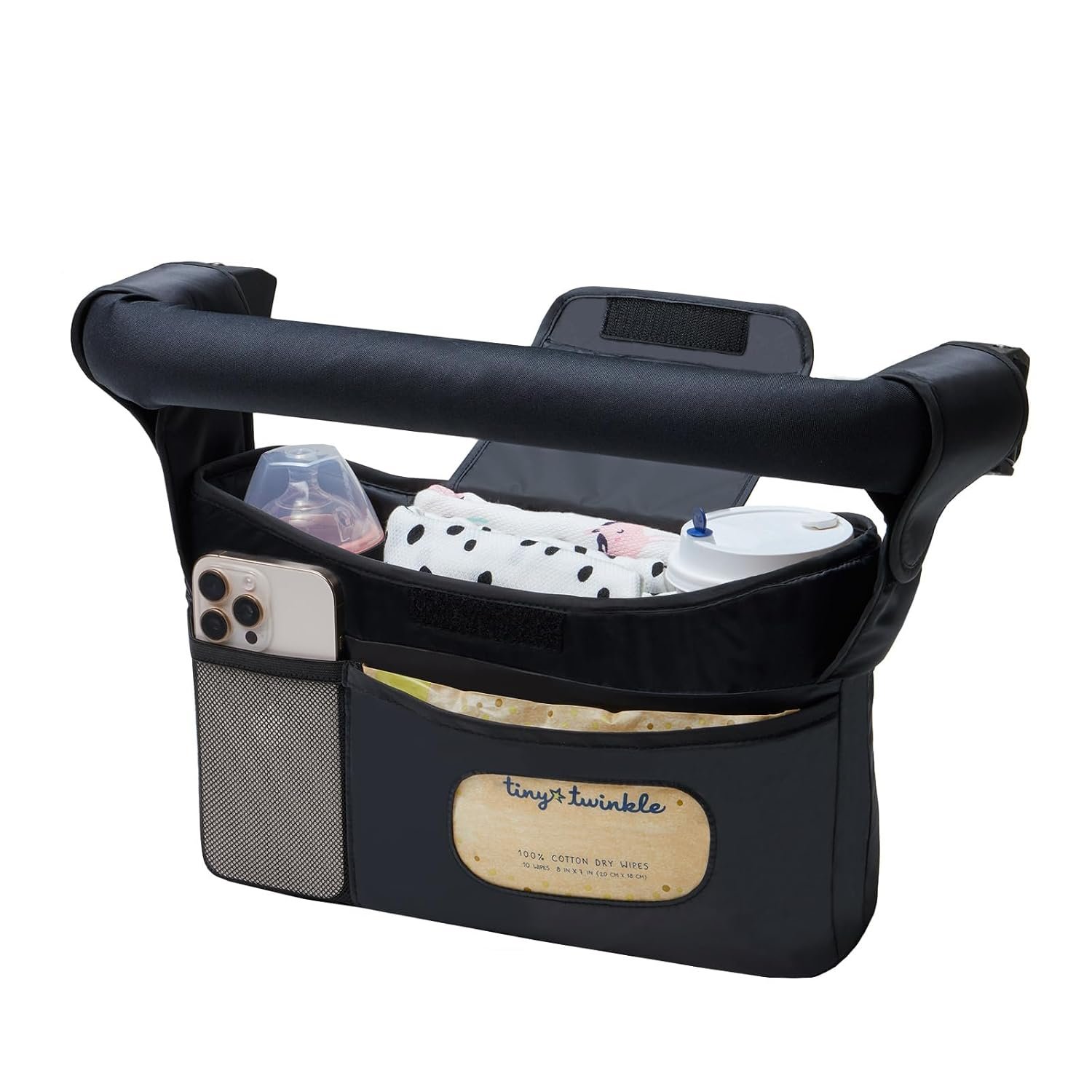Tiny Twinkle Universal Stroller Organizer with Adjustable Strap – Waterproof Stroller Caddy Fits Baby Jogger, Nuna, Graco, Doona and Bugaboo Strollers（Black）