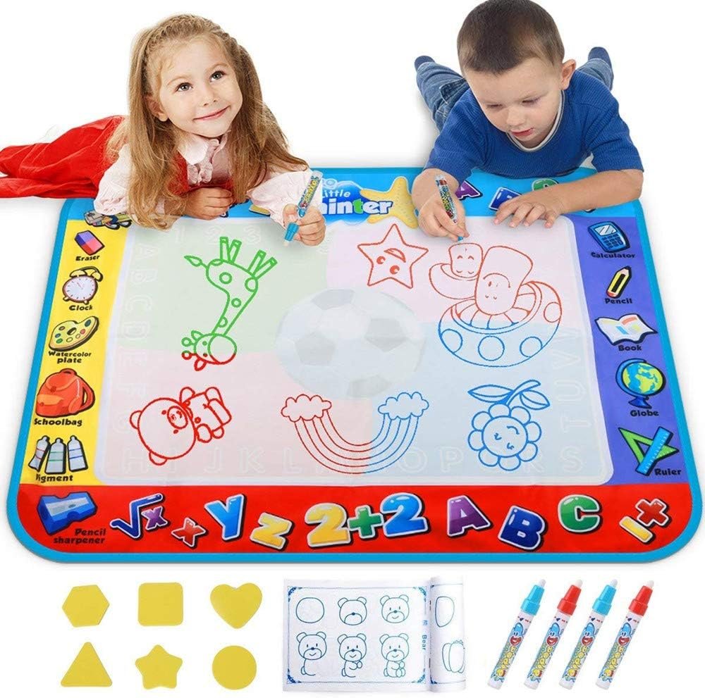 Alago Aqua Coloring Mat,Kids Toys Large Water Painting Mat,Toddlers Doodle Pad with 4 Colors,Gifts for Girls Boys Age 3 4 5+ Years Old,4 Pens,Drawing Molds and Booklet Included