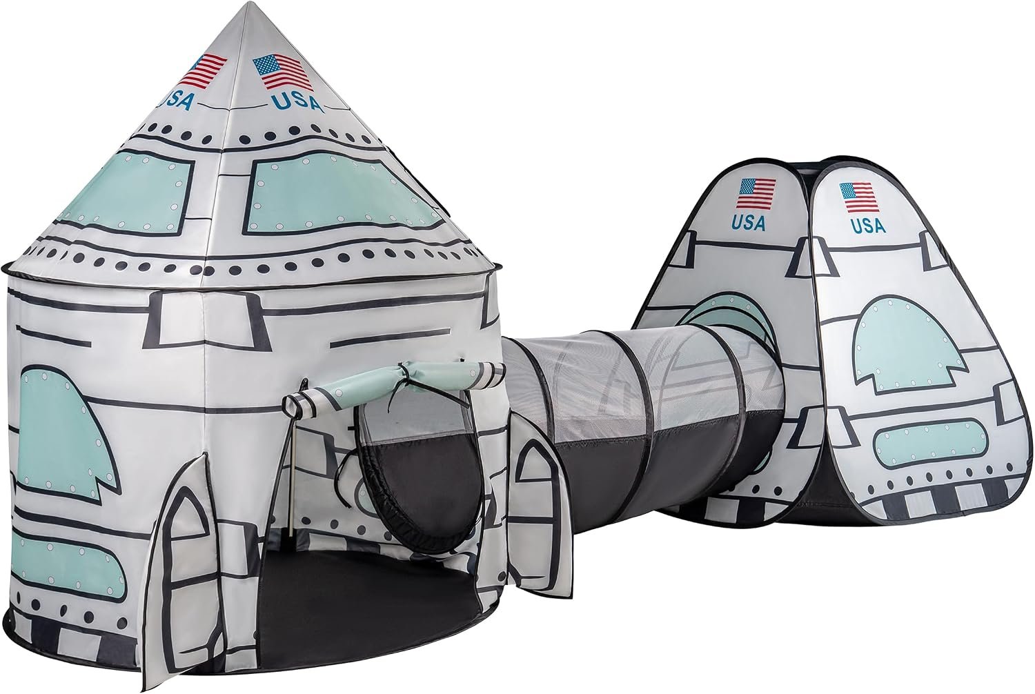 Lafyette. USA White Rocket Ship Play Tent with Tunnel, Pop Up Kids Playhouse Set, Indoor Outdoor Spaceship Tent for Boys Girls Toddlers, Imaginative Play Toy, Portable Foldable Children’s Play Set
