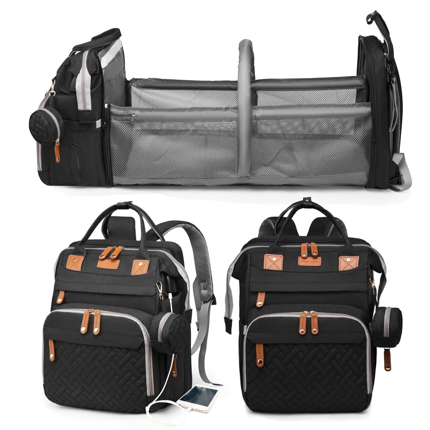 Jeryswet Baby Diaper Bags with Changing Station, Waterproof Large Capacity Diaper Bag Backpack for Moms Dads with USB Charging Port and Stroller Straps, Baby Shower Gifts, Black