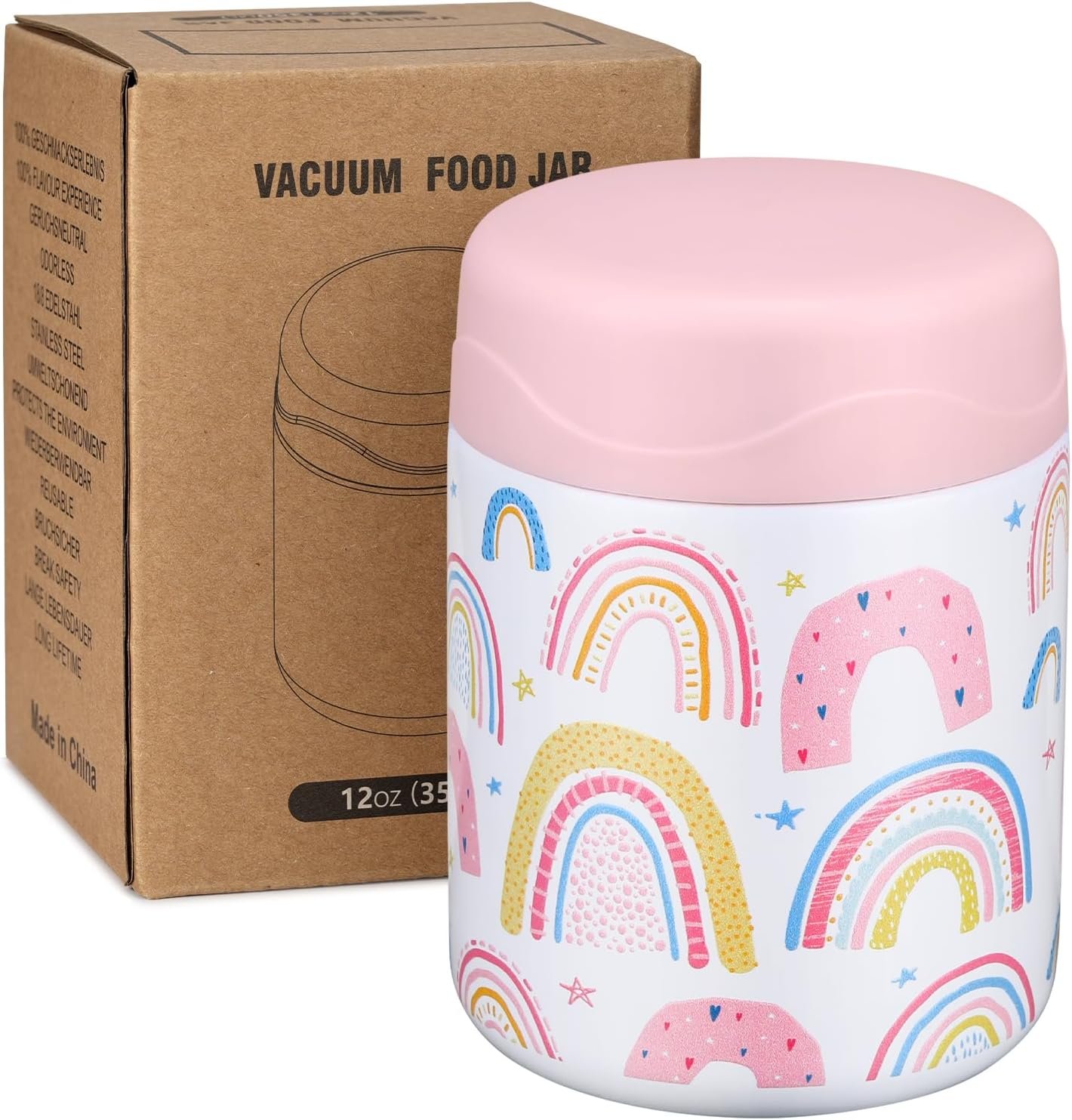 wiwens 12oz Soup Thermo for Hot Food Kids Insulated Food Jar Wide Mouth Lunch Container Leak Proof Stainless Steel Vacuum Bento Box for School Office Travel Outdoors White-Rainbow