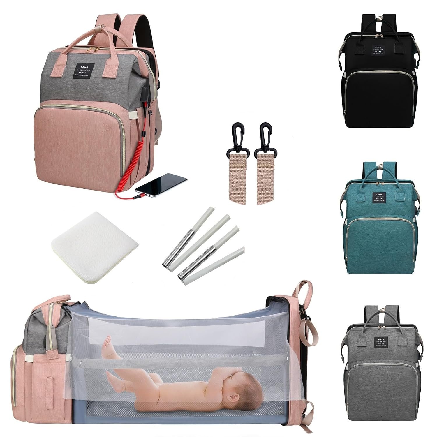 ANWTOTU Baby Diaper Bags Backpack with Changing Station(Pink-Grey)