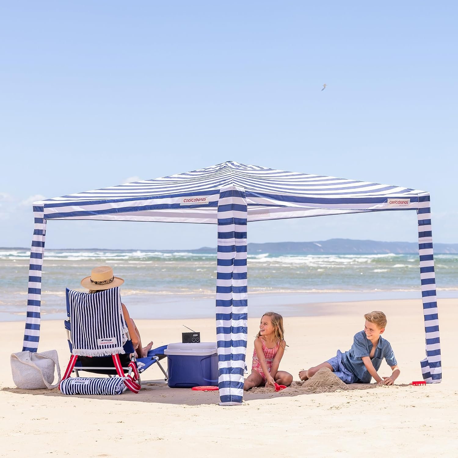 CoolCabana Beach Shade Tent – Easy Setup, UPF 50+ Protection, Large & Medium Sizes, Compact & Wind Resistant – Beach Cabana for The Whole Family – Navy Stripes, Medium