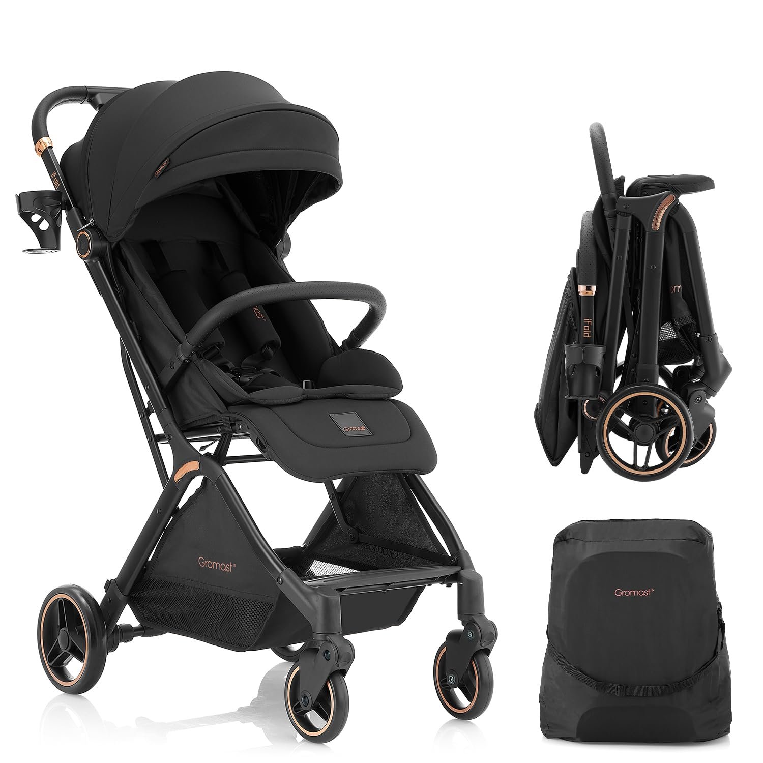 Gromast Gravity Folding Baby Stroller – Portable Travel Toddler Stroller w/Adjustable Backrest, Canopy & Cup Holder, Lightweight and UV Protected, One-Hand Automatic Folding – Black
