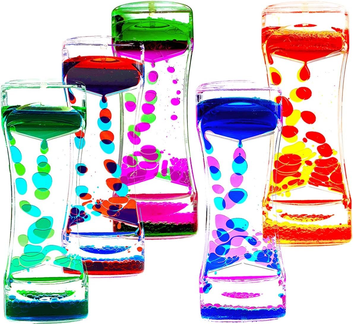 FKYTION Liquid Motion Bubbler Timer Pack of 5 Colorful Hourglass Liquid Bubbler Sensory Anxiety Toys Autism ADHD Fidget Toys Children Activity Calm Relaxing Desk Toys for Kid’s Teenager Adults