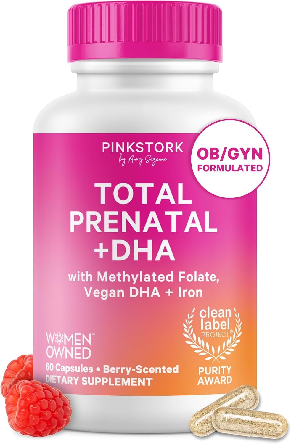 Pink Stork Total Prenatal + DHA, Vegan, Clean Label Award, 60 Ct, Berry