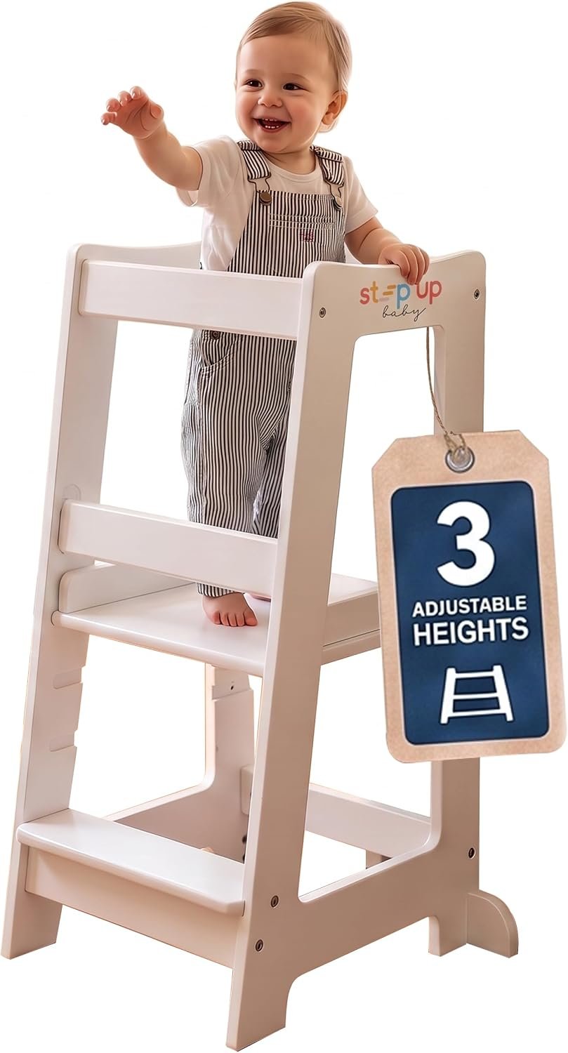 Toddler Tower 3-Level Adjustable Wooden Toddler Step Stool White