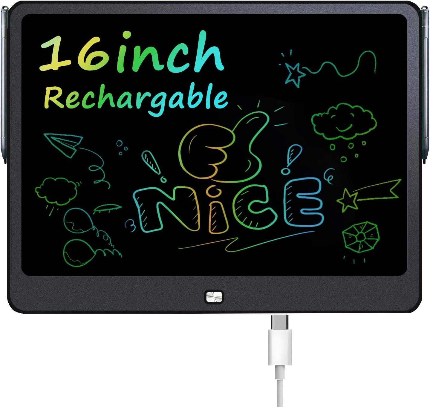 Rechargeable LCD Writing Tablet for Kids, 16 Inch Colorful Drawing Tablet, Educational Toddler Drawing Pad, ​Reusable Learning Toys for Kids (Ages 3-12), Ideal Gift for Christmas Birthday (Black)