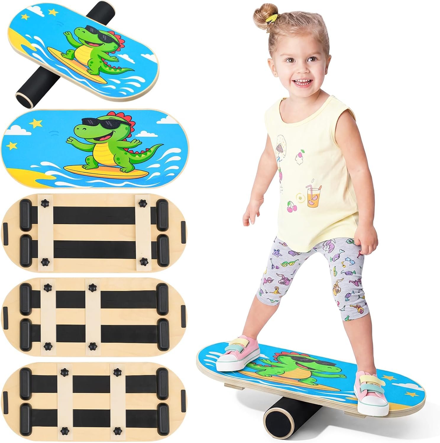 Kids Balance Board with Adjustable Stoppers, Wooden Wobble Board