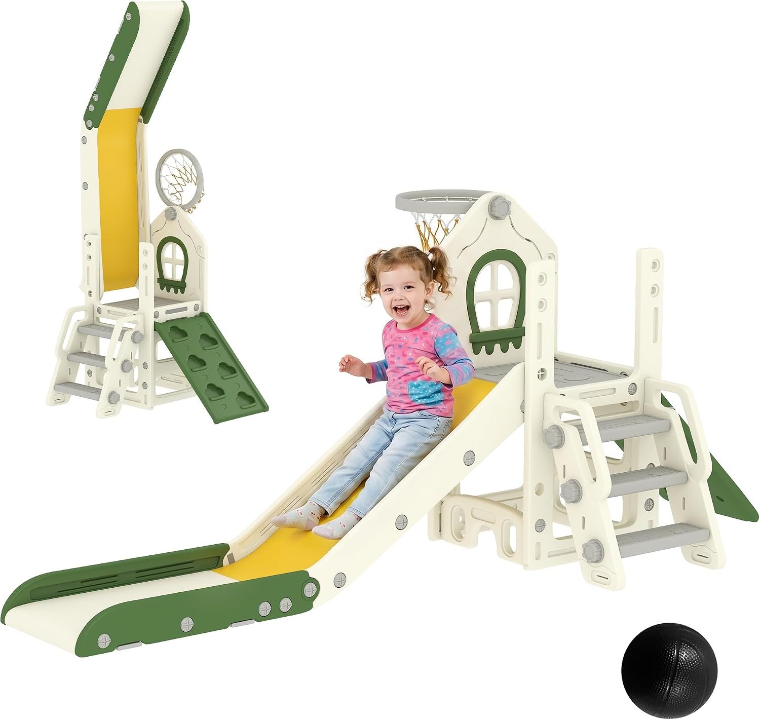 Qaba Toddler Slide Foldable 5 in 1 with Climber 1-3 Years Old Cream White