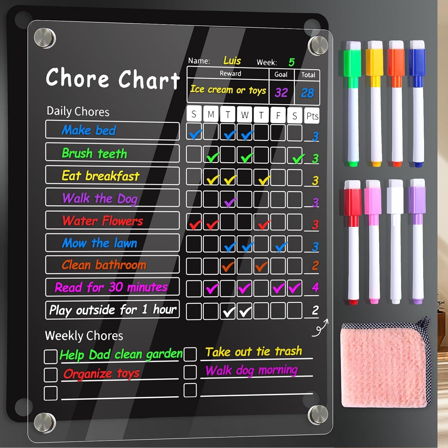 Acrylic Magnetic Chore Chart for Kids & Adult，12″ x 9.5″ Behavior Responsibility Reward Chart，at Home Clear Dry Erase Refrigerator Board for Multiple Kids & Teens(w/ 8 Markers & Towel)
