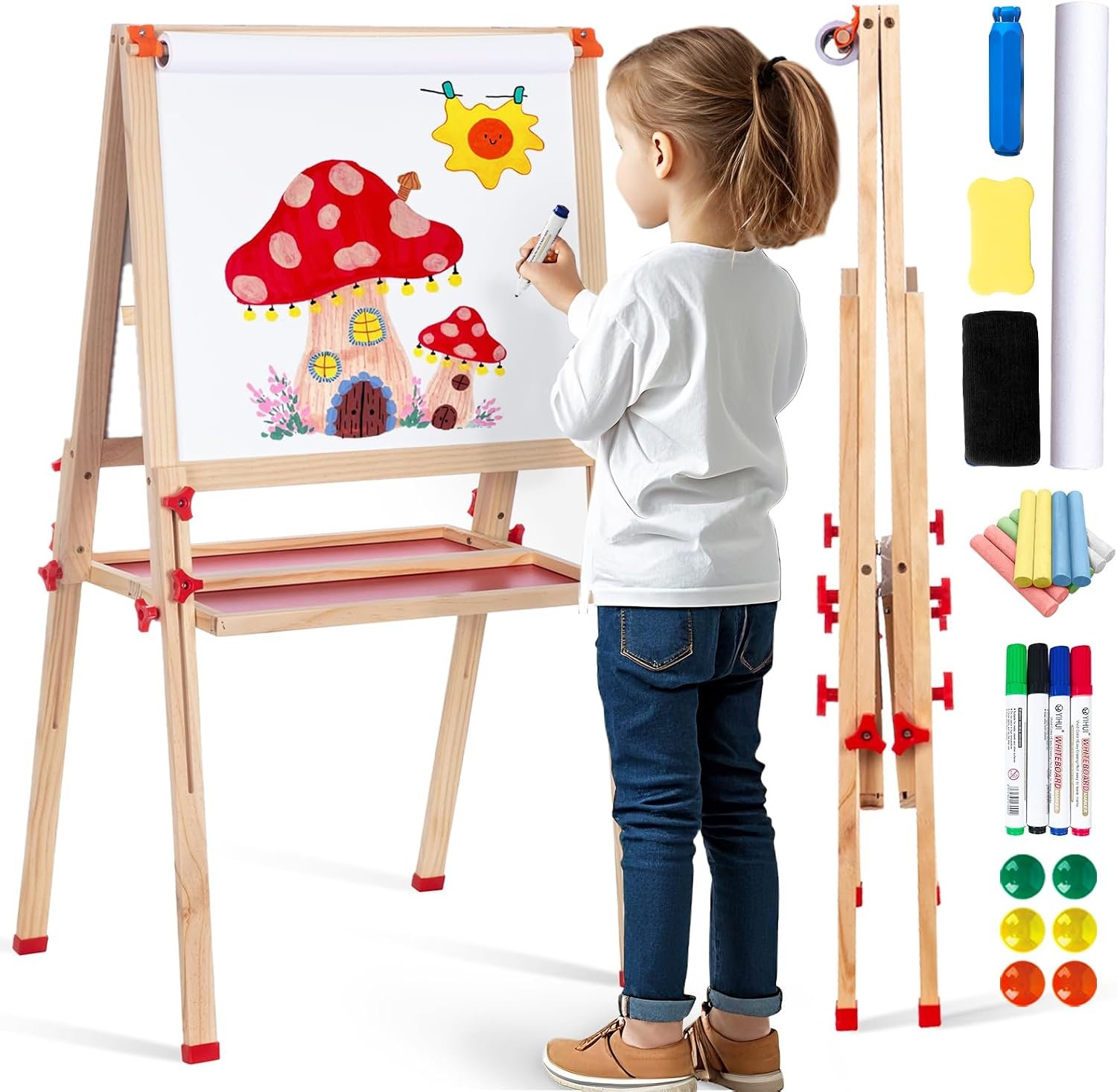 Wooden Adjustable Easel for Kids, Quick-Fold Kids Easel with Paper Roll&Accessories, Double Sided Painting Easels for Toddlers 3,4,5,6,7,8,9,10 Years, Perfect Painting Gifts&Supplies for Boys&Girls