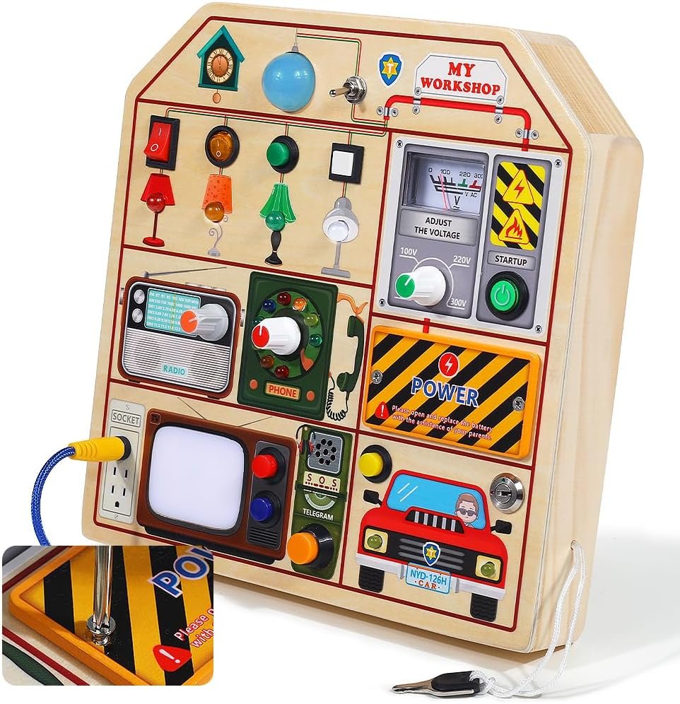 JAUNTY Montessori Wooden Busy Board for Toddlers 3 4 5 Years Old, Wooden Sensory Toddler Toys with LED Light Switches, TV Radio Telegram and Car Driving, Travel Toys Birthday for Boys Girls