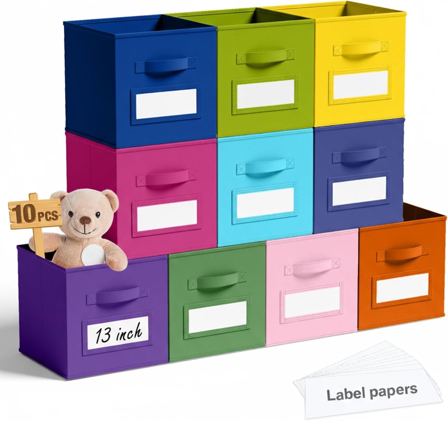 10 Pack Fabric Storage Cubes with Label 13″ Collapsible Cube Bins, Candy