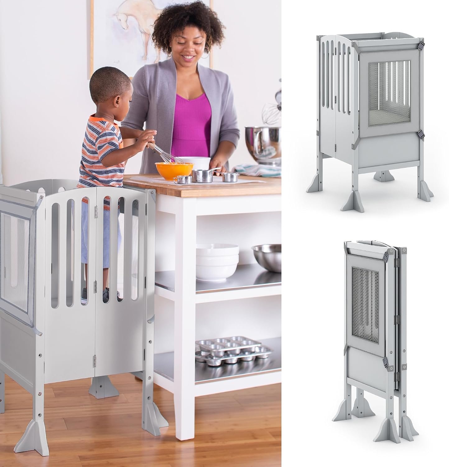 Guidecraft Contemporary Kitchen Helper® Stool and 2 Keepers – Gray: Folding, Adjustable Height, Wooden Cooking Step Stool for Toddlers | Little Kids Montessori Learning Furniture