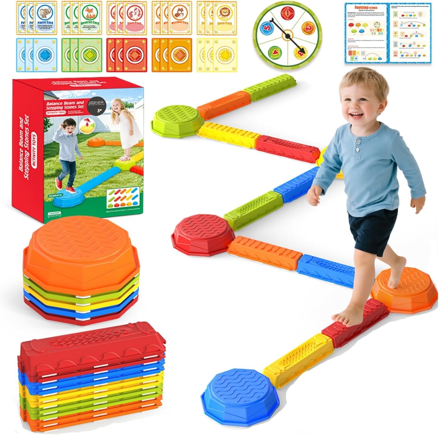 15PCS Rainbow Stepping Balance Beam Stones for Kids Toddlers – Indoor & Outdoor Sensory Toys for Outside Play Games,Without Light Up&Music Non-Slip Jumping Blocks for Obstacle Course Boy Girl Gifts